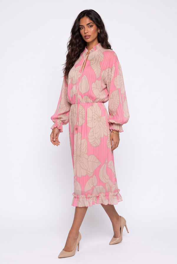 Fuchsia Midi Dress with Drawstring Neck, Large Floral Print, Long Sleeves, and Ruffles