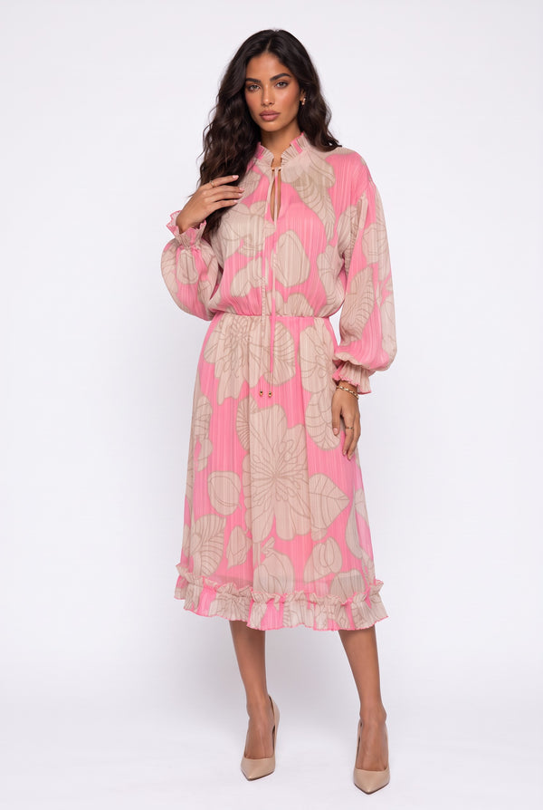 Fuchsia Midi Dress with Drawstring Neck, Large Floral Print, Long Sleeves, and Ruffles