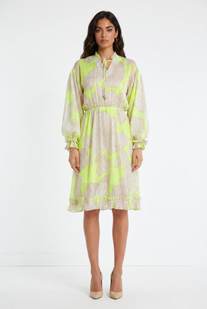 Drawstring Neck Large Floral Print Long Sleeve Ruffle Midi Dress Yellow