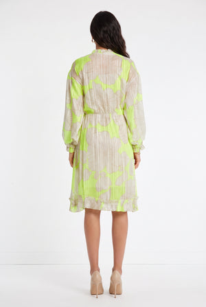 Drawstring Neck Large Floral Print Long Sleeve Ruffle Midi Dress Yellow