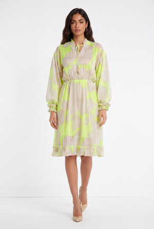 Drawstring Neck Large Floral Print Long Sleeve Ruffle Midi Dress Yellow