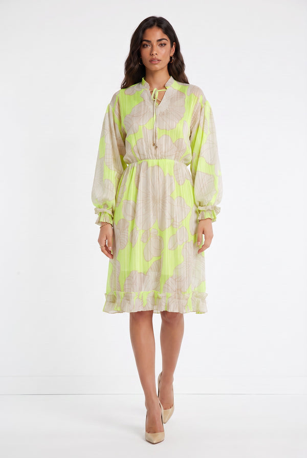 Drawstring Neck Large Floral Print Long Sleeve Ruffle Midi Dress Yellow