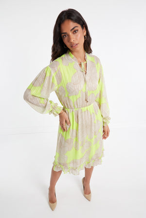 Drawstring Neck Large Floral Print Long Sleeve Ruffle Midi Dress Yellow