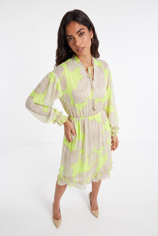 Drawstring Neck Large Floral Print Long Sleeve Ruffle Midi Dress Yellow