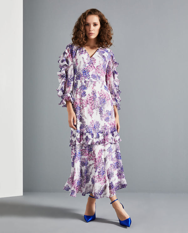 Çiçek Desen Fırfırlı Kollu Elbise