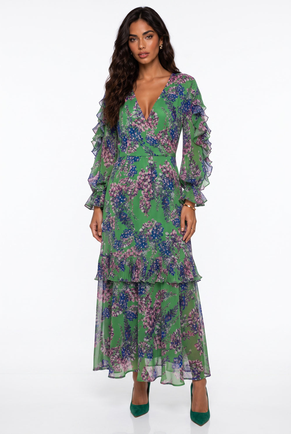 Floral Pattern Ruffled Sleeve Dress Green