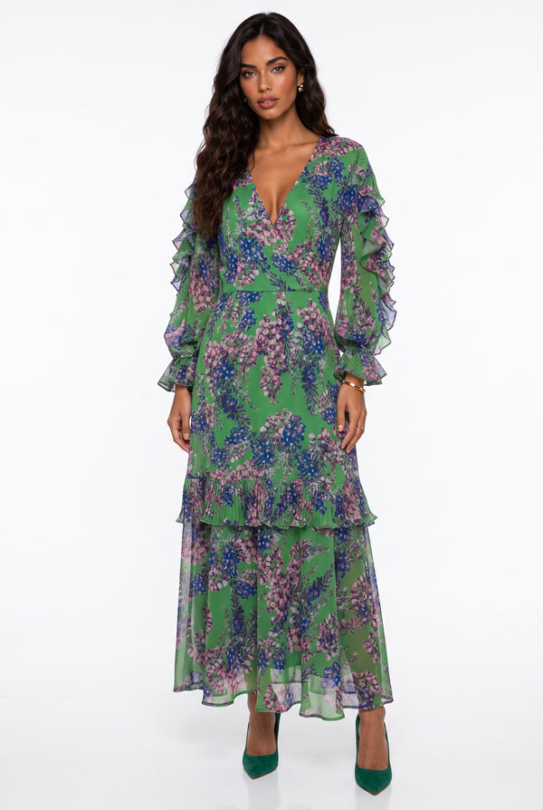 Floral Pattern Ruffled Sleeve Dress Green