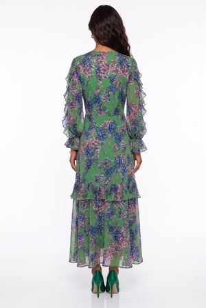 Floral Pattern Ruffled Sleeve Dress Green