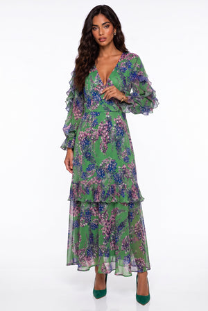 Floral Pattern Ruffled Sleeve Dress Green