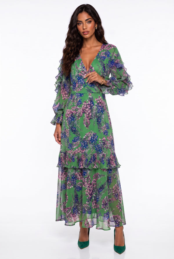 Floral Pattern Ruffled Sleeve Dress Green