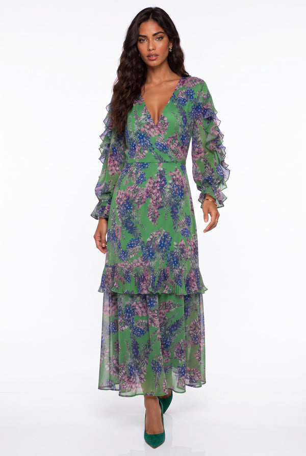 Floral Pattern Ruffled Sleeve Dress Green