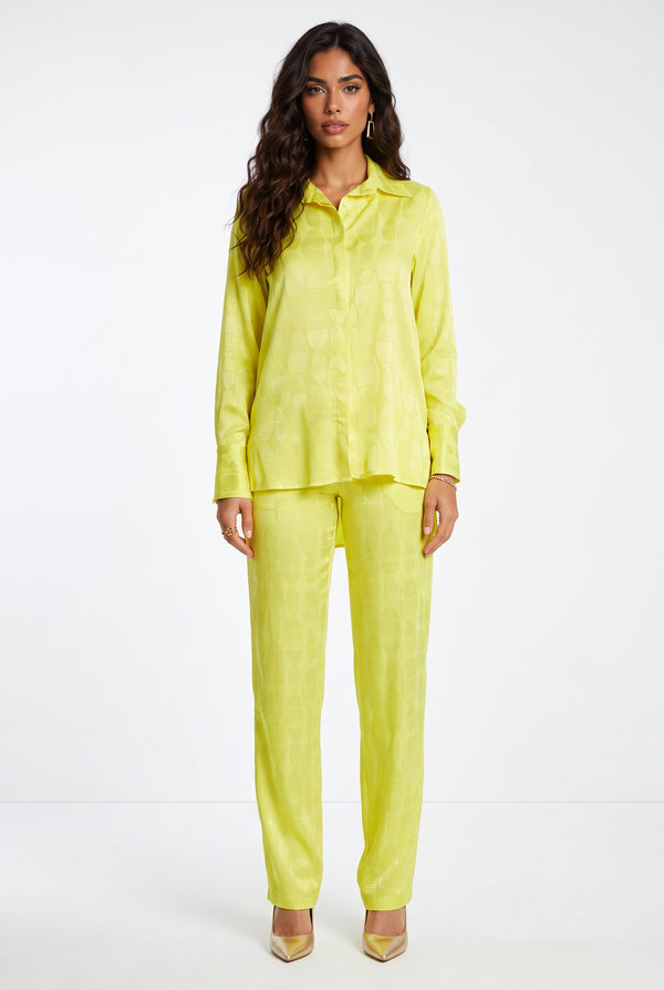 Shirt Collar Jacquard Patterned Shirt and Pants Set Yellow