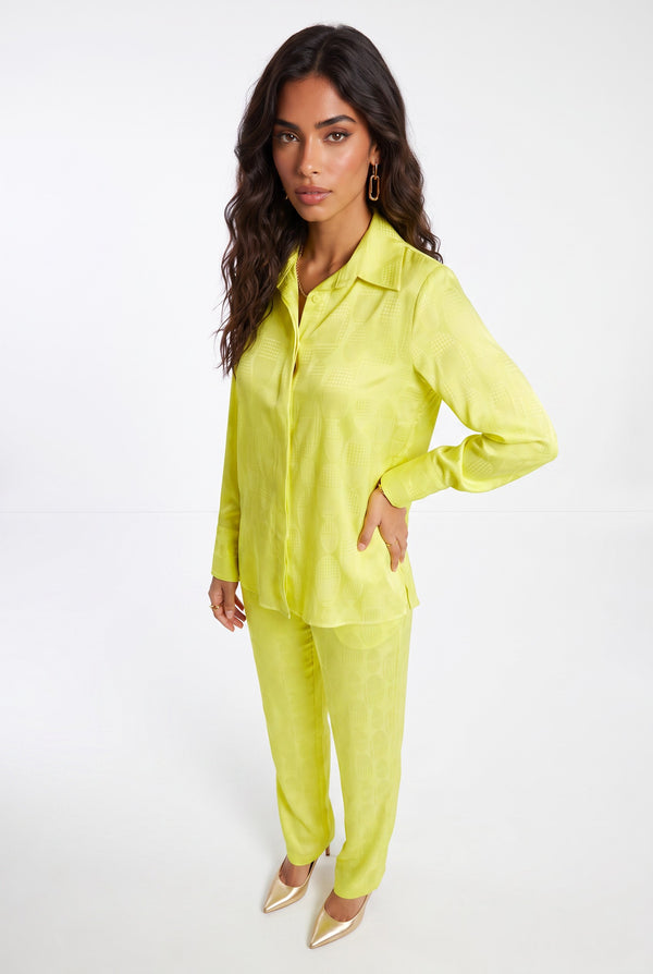 Shirt Collar Jacquard Patterned Shirt and Pants Set Yellow