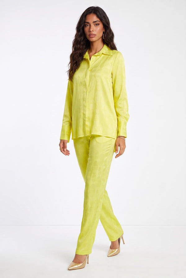 Shirt Collar Jacquard Patterned Shirt and Pants Set Yellow