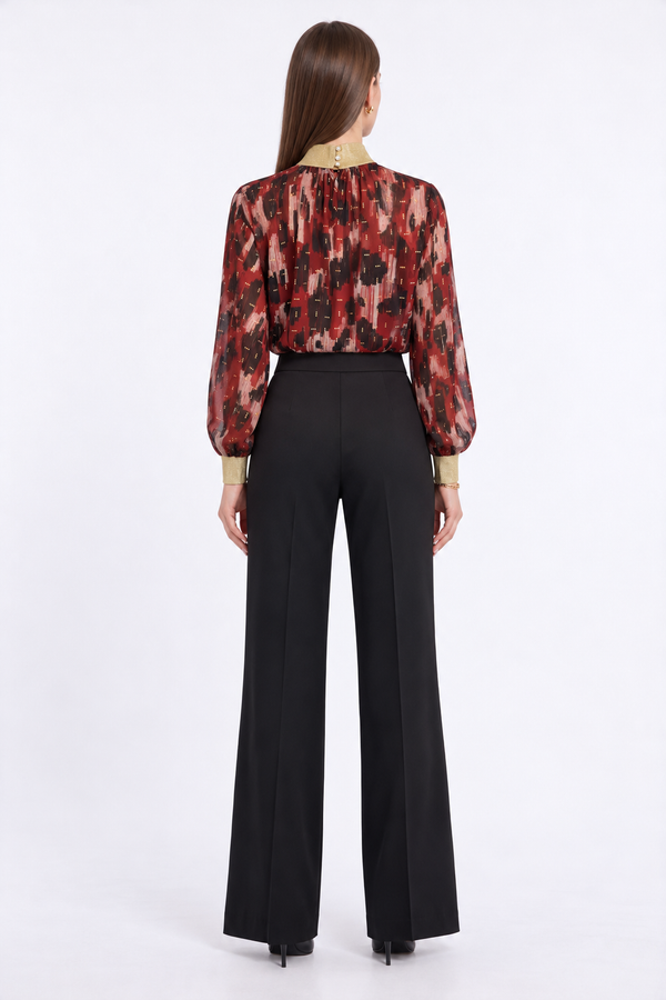 Ribana Yaka ve Manşetli Desenli Bluz Kiremit