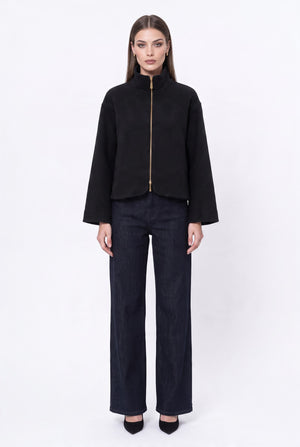 Kaşmir Dik Yaka Fermuarlı Kısa Mont Siyah