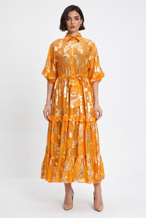 Shirt Collar Foil-Printed Ruffled Belted Maxi Dress Orange