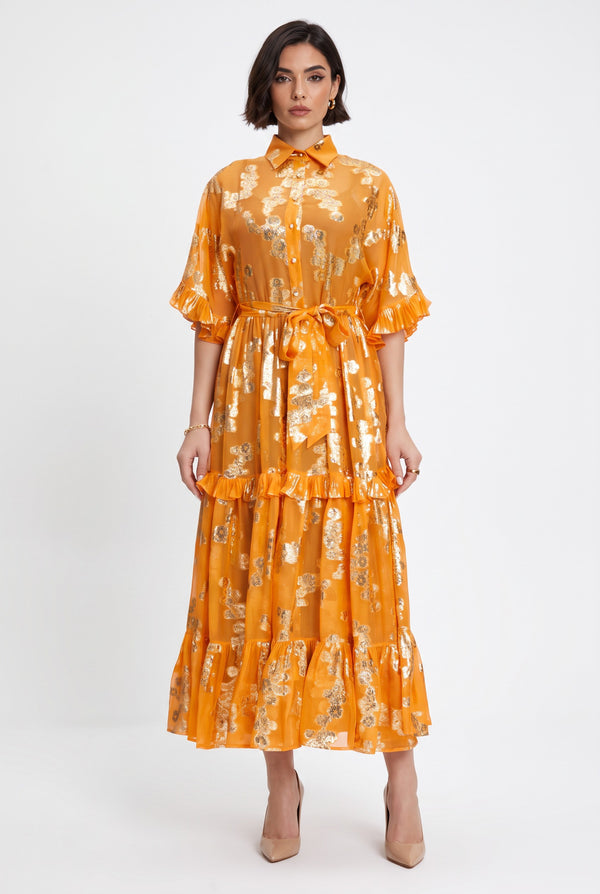 Shirt Collar Foil-Printed Ruffled Belted Maxi Dress Orange