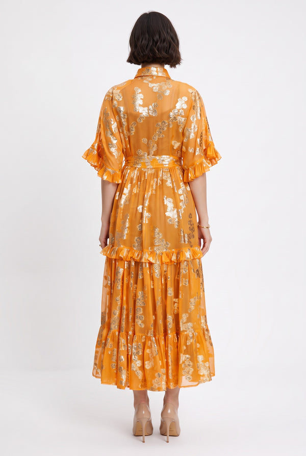 Shirt Collar Foil-Printed Ruffled Belted Maxi Dress Orange