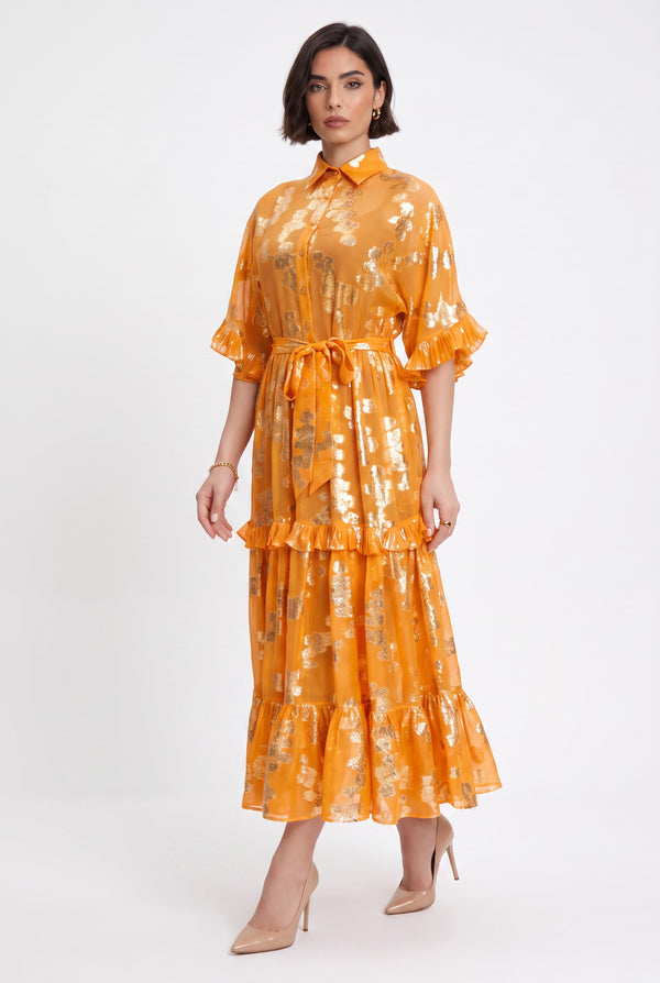Shirt Collar Foil-Printed Ruffled Belted Maxi Dress Orange