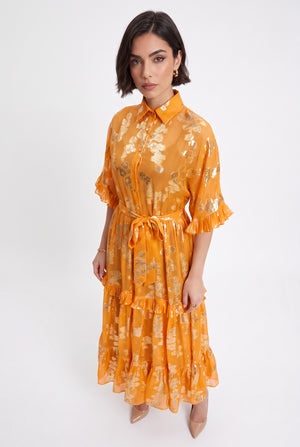 Shirt Collar Foil-Printed Ruffled Belted Maxi Dress Orange
