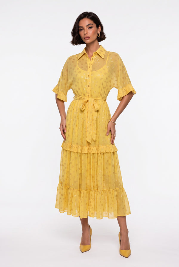 Shirt Collar Foil Patterned Ruffled Belted Long Dress Orange Yellow