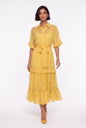 Shirt Collar Foil Patterned Ruffled Belted Long Dress Orange Yellow