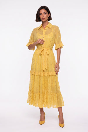 Shirt Collar Foil Patterned Ruffled Belted Long Dress Orange Yellow