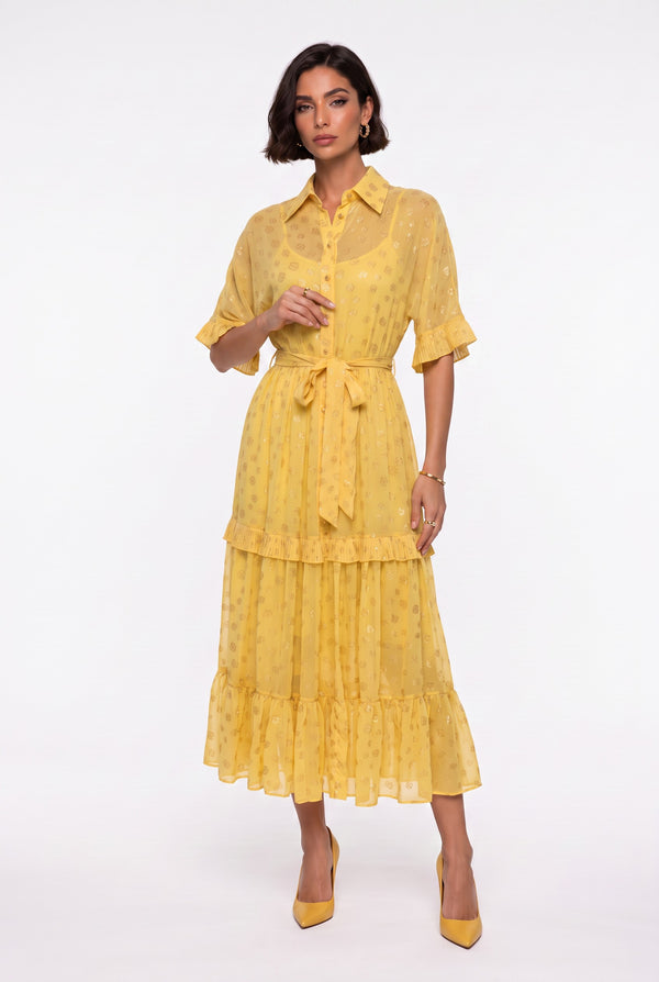 Shirt Collar Foil Patterned Ruffled Belted Long Dress Orange Yellow