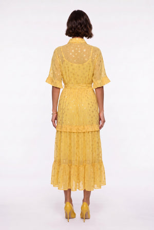 Shirt Collar Foil Patterned Ruffled Belted Long Dress Orange Yellow
