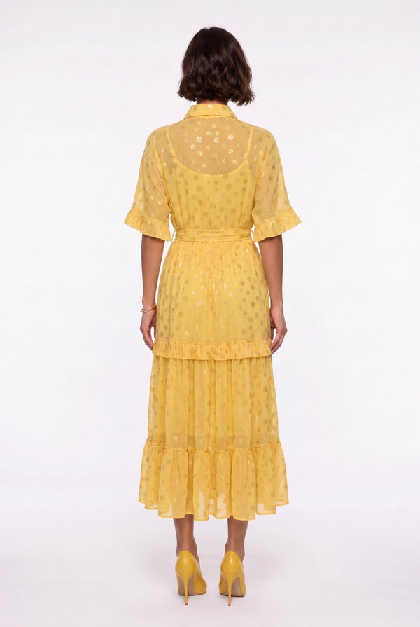 Shirt Collar Foil Patterned Ruffled Belted Long Dress Orange Yellow