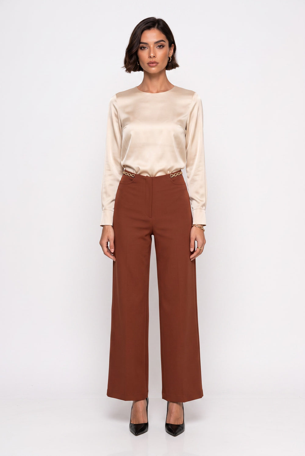 Chain Detail High-Waisted Wide-Leg Trousers Camel