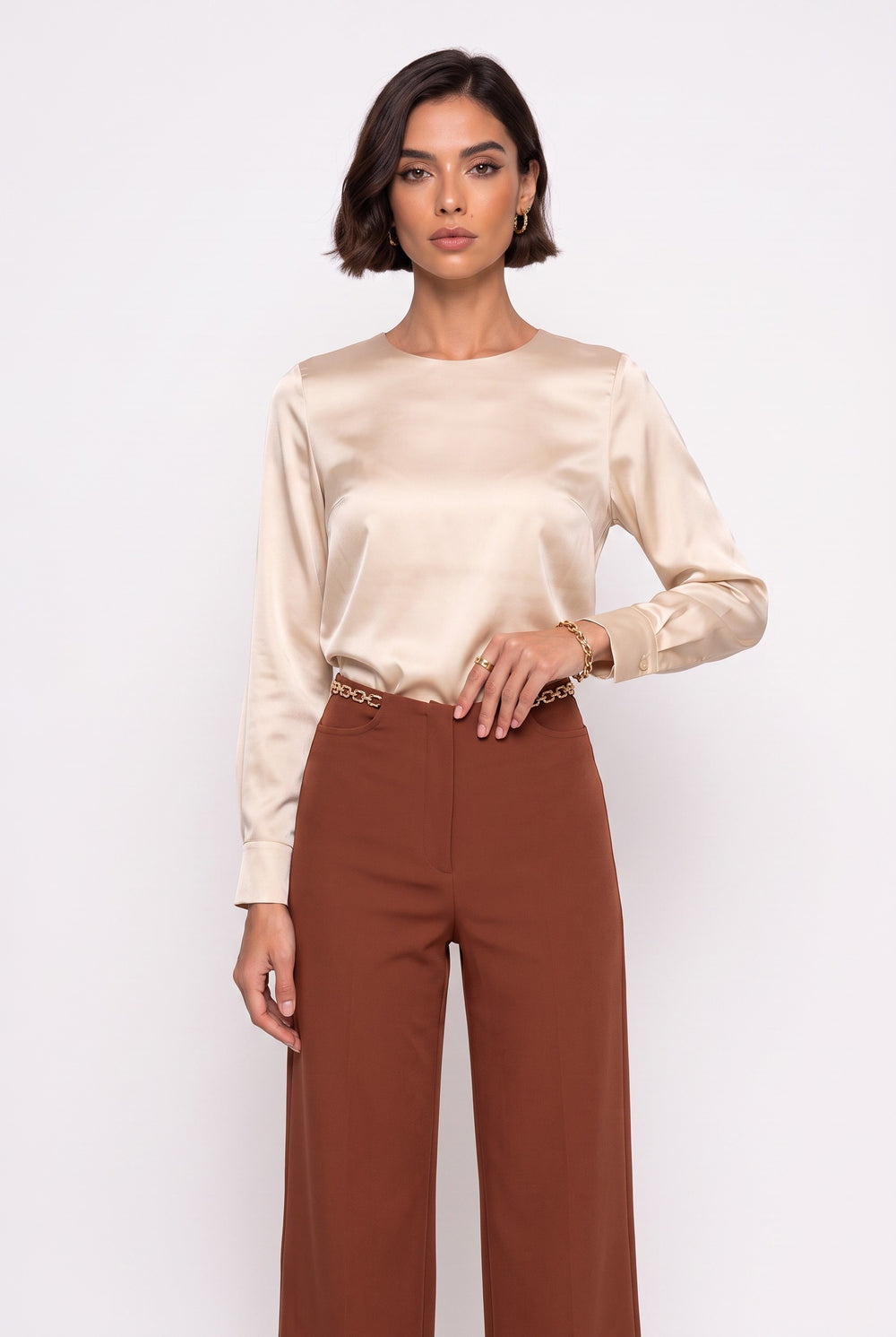 Chain Detail High-Waisted Wide-Leg Trousers Camel
