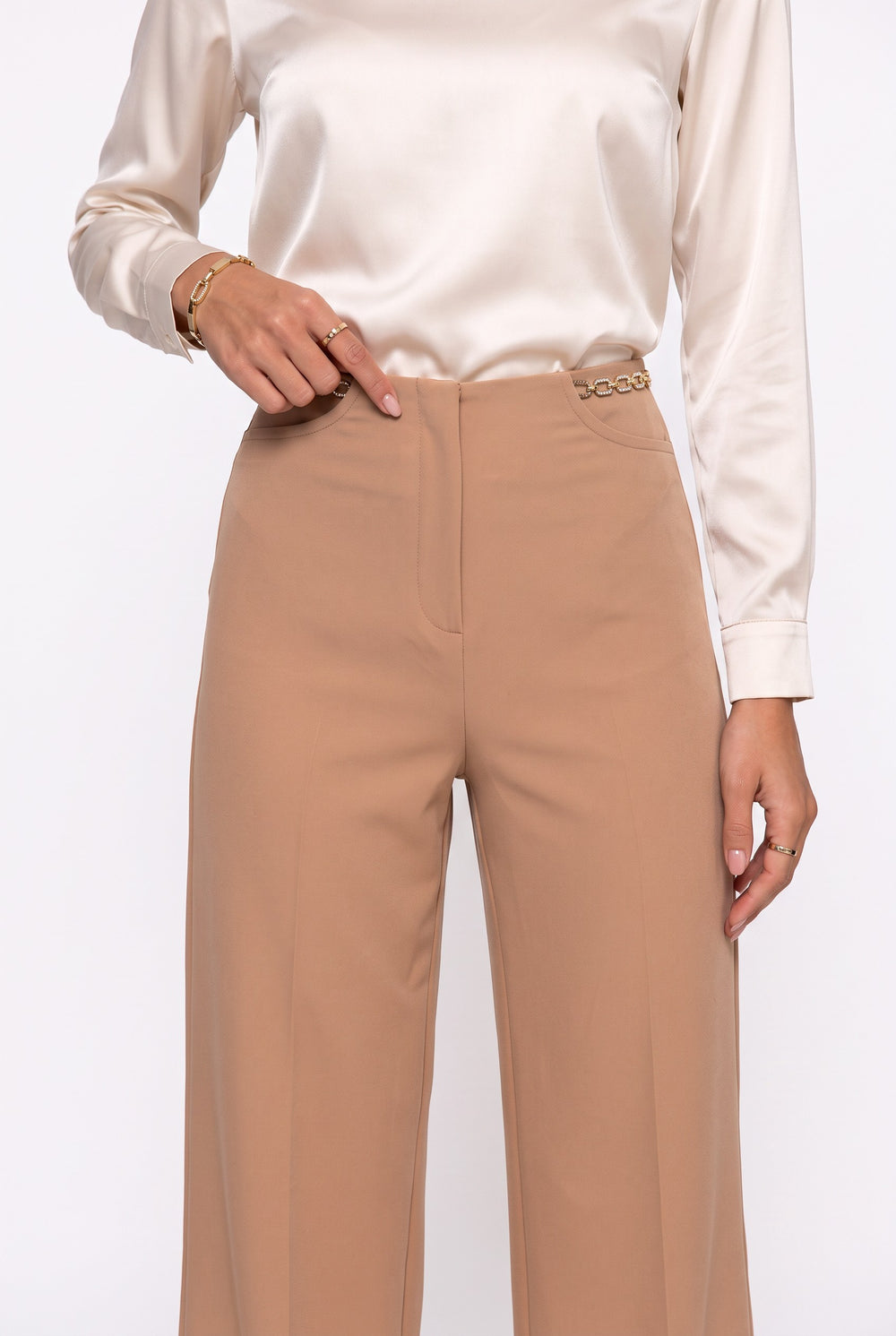 Chain Detailed High-Waisted Wide-Leg Trousers Brown
