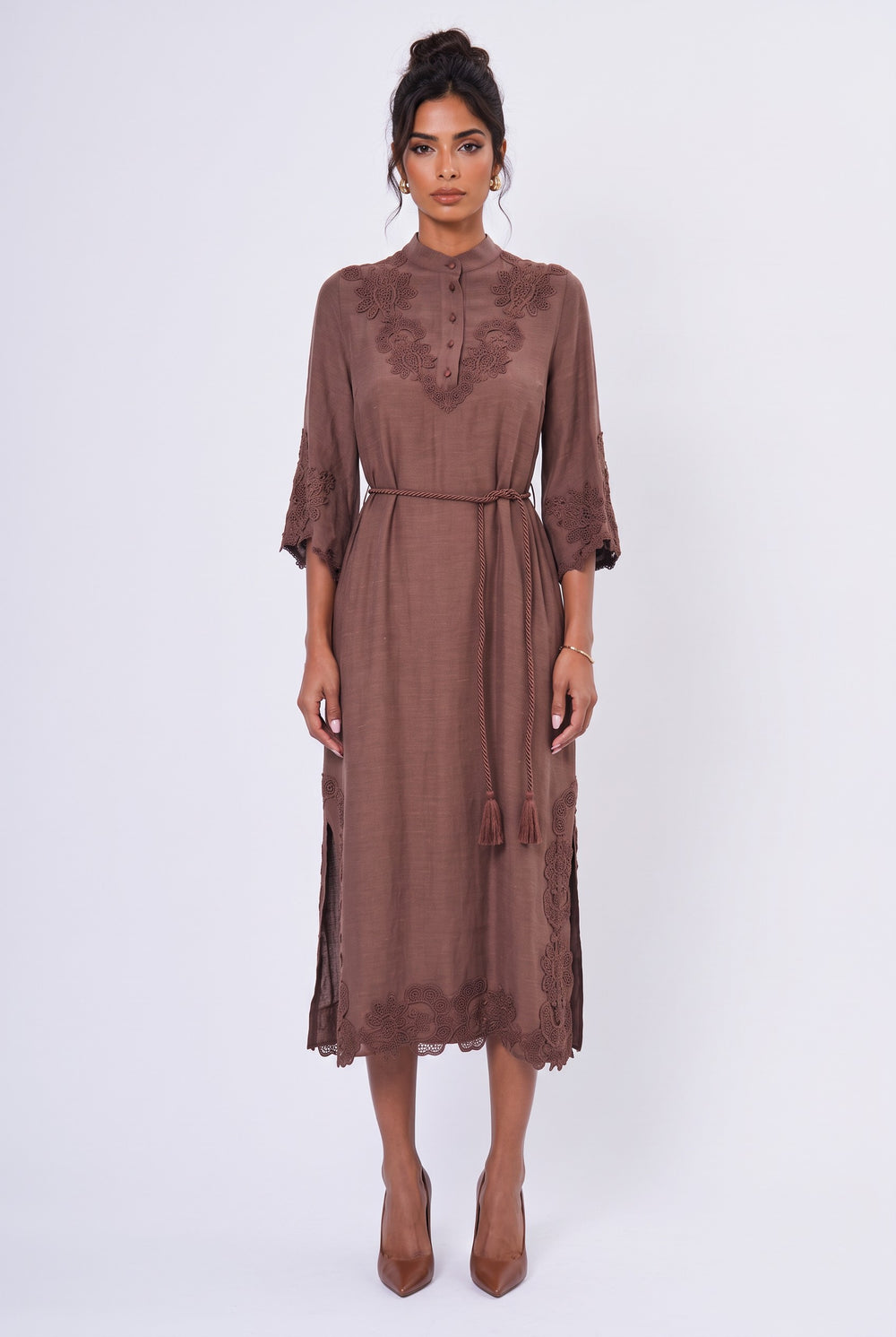 Embroidered Belted Midi Dress Brown