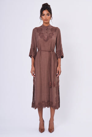 Embroidered Belted Midi Dress Brown