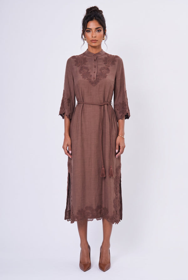 Embroidered Belted Midi Dress Brown