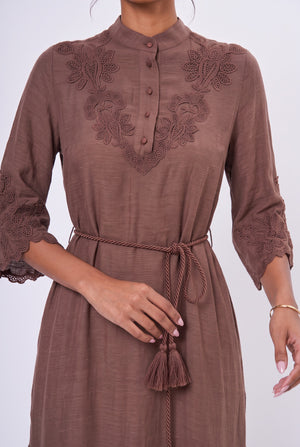 Embroidered Belted Midi Dress Brown