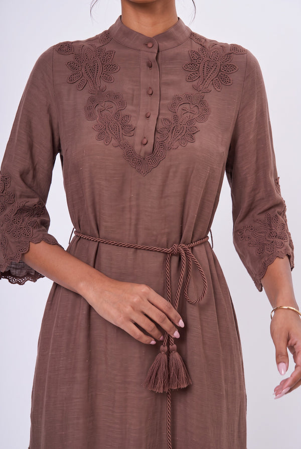 Embroidered Belted Midi Dress Brown