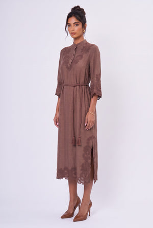 Embroidered Belted Midi Dress Brown