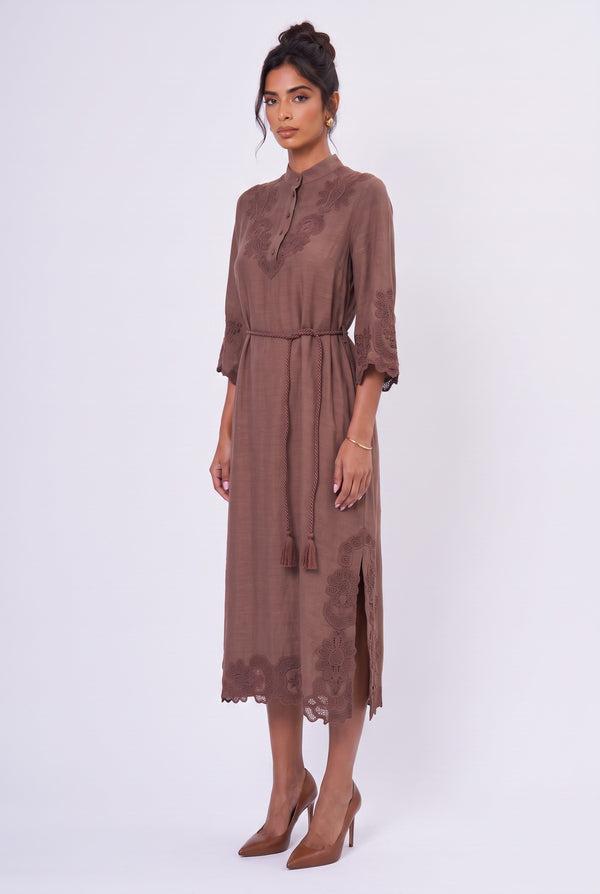 Embroidered Belted Midi Dress Brown