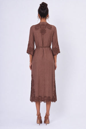 Embroidered Belted Midi Dress Brown