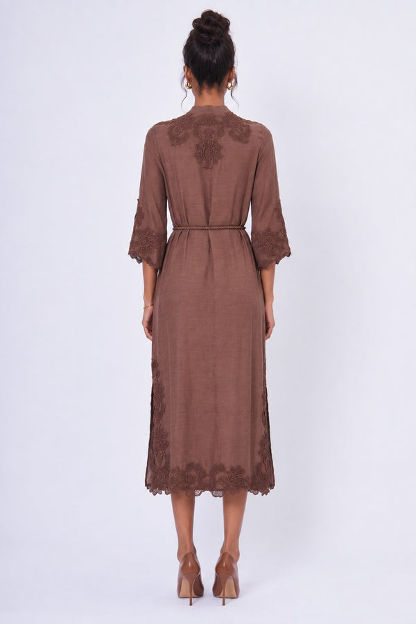 Embroidered Belted Midi Dress Brown