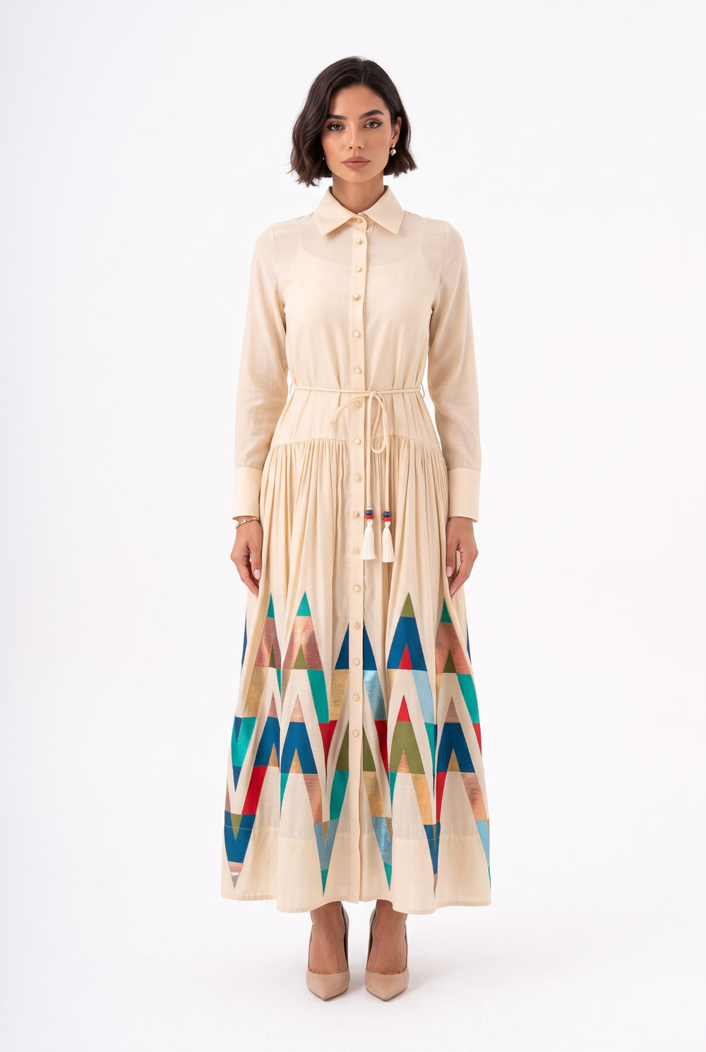 Color-Block Glitter Shirt Dress Beige-Coral