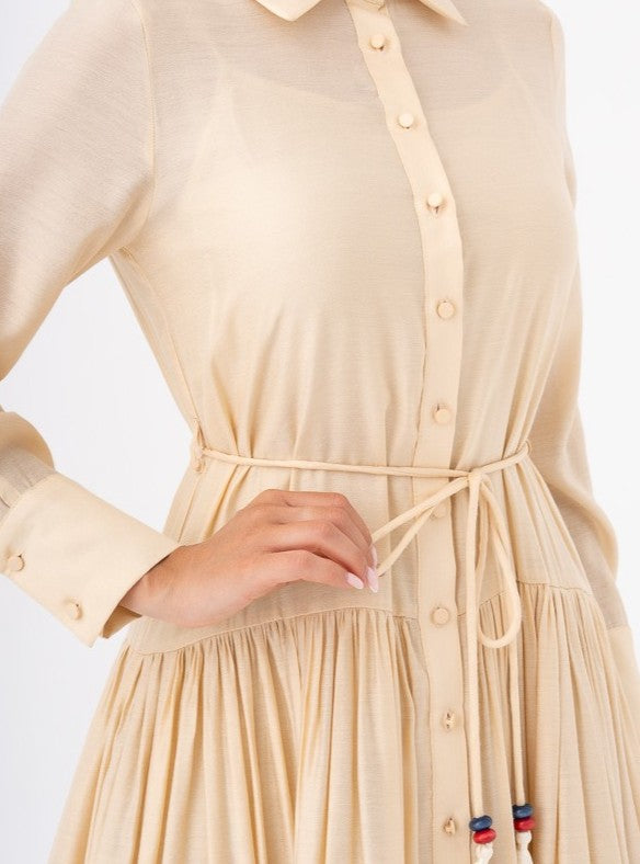 Color-Block Glitter Shirt Dress Beige-Coral