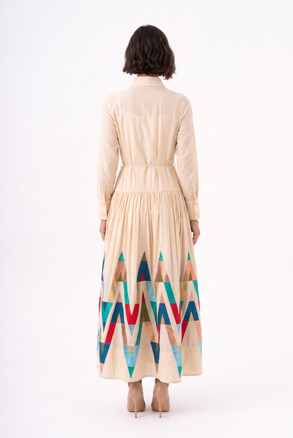 Color-Block Glitter Shirt Dress Beige-Coral
