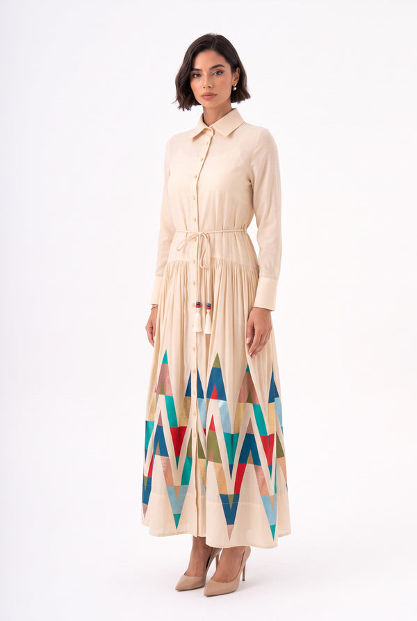 Color-Block Glitter Shirt Dress Beige-Coral