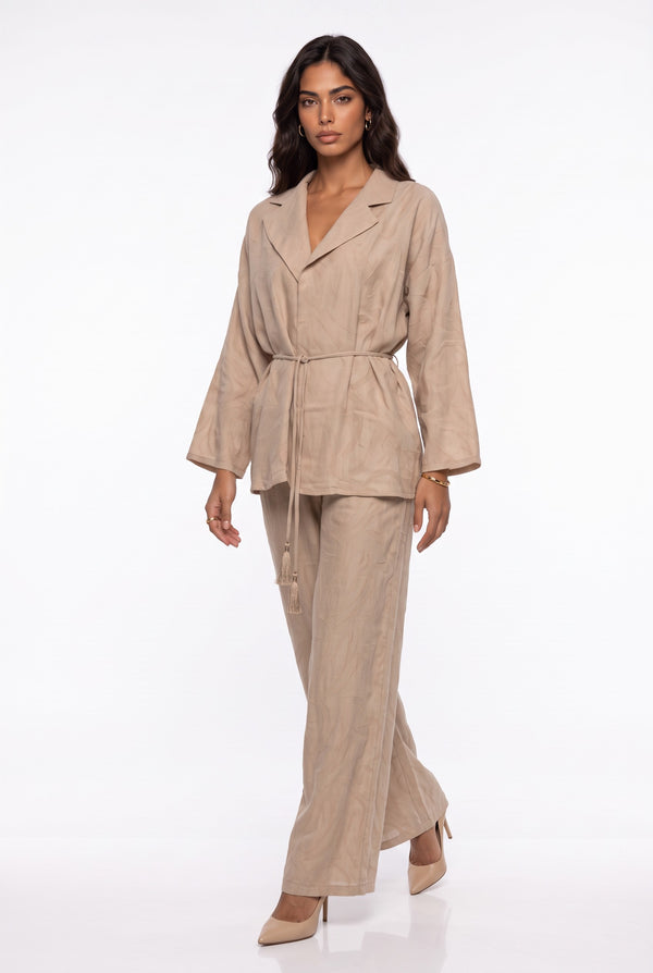 Shawl Collar Belted Patterned Jacket Trousers Suit Beige