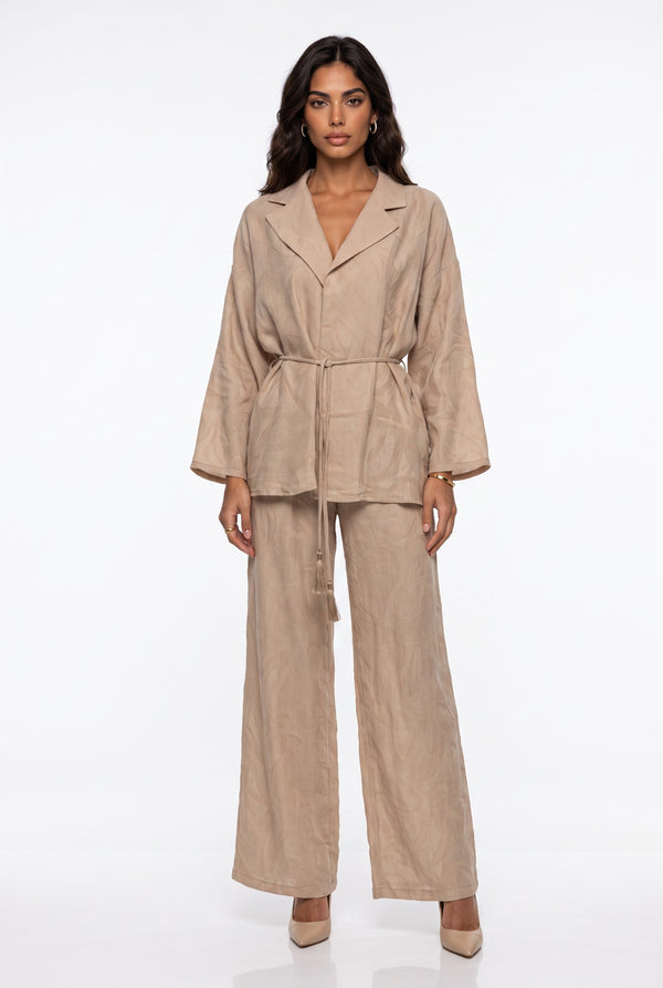 Shawl Collar Belted Patterned Jacket Trousers Suit Beige