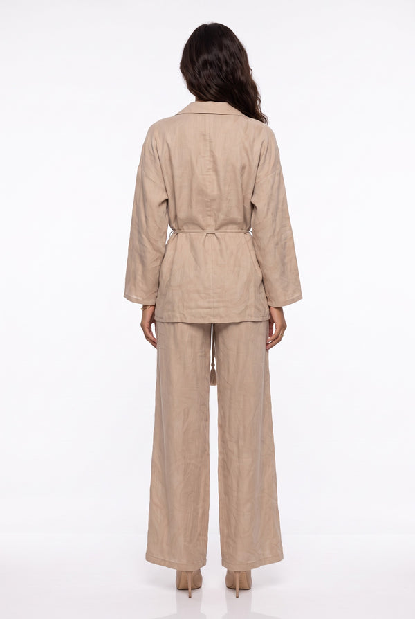 Shawl Collar Belted Patterned Jacket Trousers Suit Beige